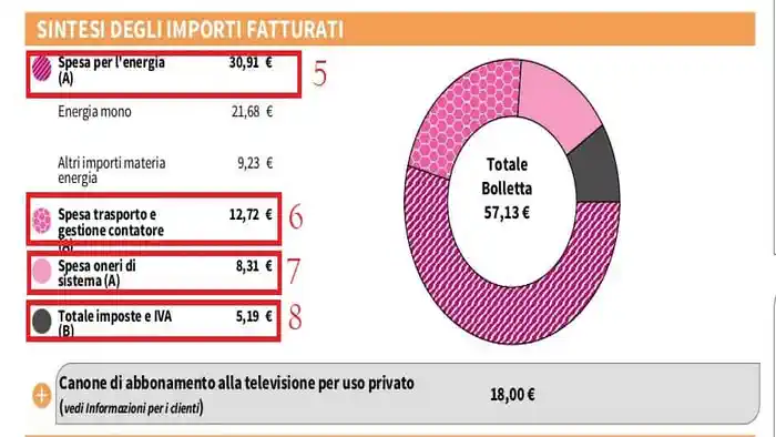 Основные записи в счете за электроэнергию в Италии