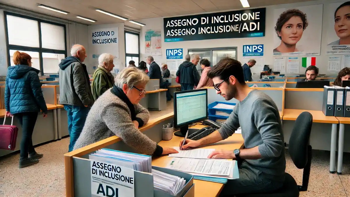 Оформление заявки на Assegno di Inclusione (ADI) через INPS в 2025 году Сотрудник INPS консультирует женщину по вопросам получения ADI в 2025 году